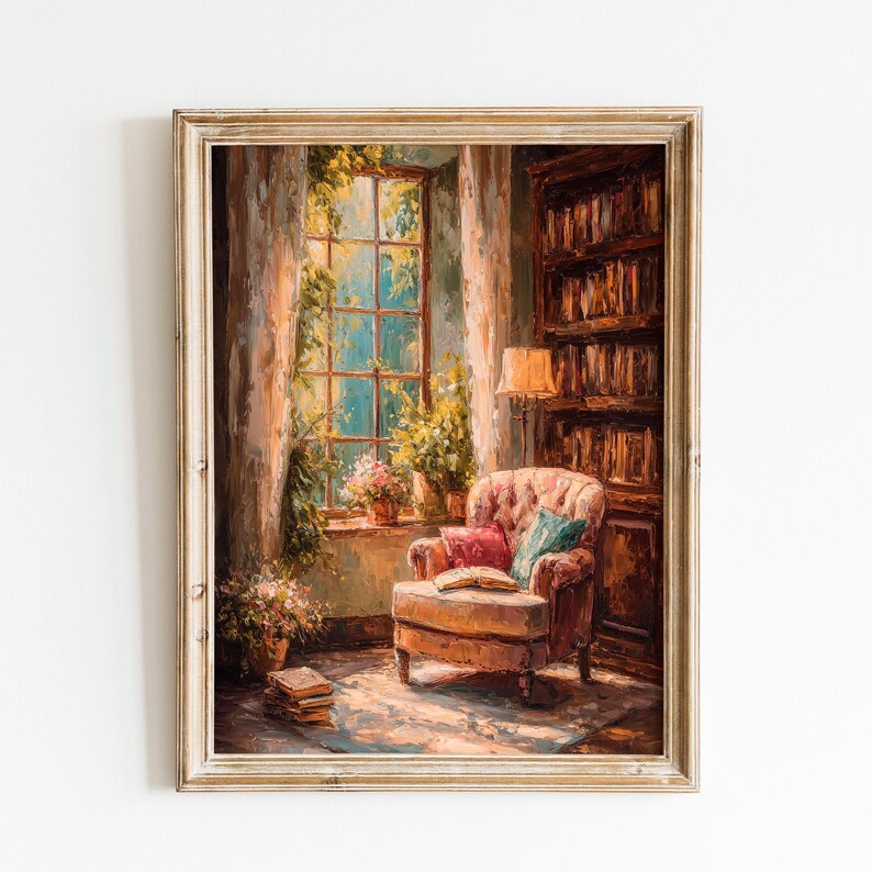 May include: A framed painting depicts a cozy reading nook. A tufted armchair with red and teal pillows sits near a window with sunlight streaming through. A bookshelf, lamp, and books complete the scene, evoking a sense of warmth and tranquility.