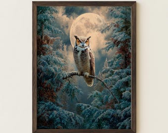 Moonlit Owl Wall Art | Snowy Forest Owl Print | Full Moon Wildlife Decor | Rustic Owl Artwork | Woodland Nature Decor | Night Forest Print
