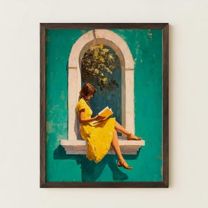 Frau liest Buchkunst | Gelbes Kleid Lesezeichen | Feminine Bibliothek Raumdekor | Buchliebhaber Geschenk Print | Gemütlicher Fensterplatz Leser Kunstwerk
