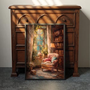 May include: A framed painting depicts a cozy reading nook with a window, armchair, and bookshelf. The artwork features warm tones, with a focus on the armchair, open book, and soft lighting. The painting is set against a dark wooden cabinet.