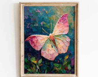 Pink Butterfly Wall Art | Whimsical Nature Canvas Print | Impressionist Butterfly Painting Decor | Colorful Cottagecore Bedroom Art