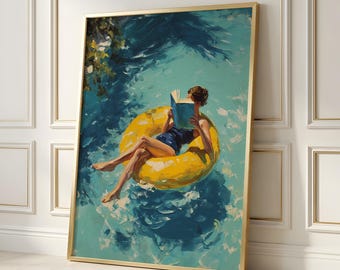 Summer Reading Pool Art | Woman Floating Book Print | Relaxing Summer Wall Decor | Blue Pool Painting Print | Coastal Reading Room Decor