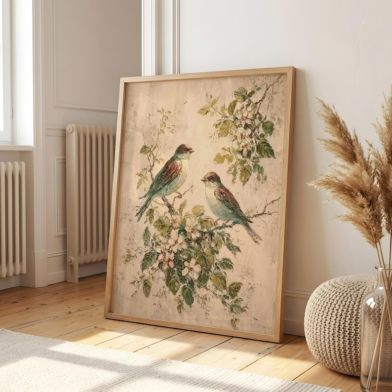 Vintage Bird Wall Art | Botanical Bird Print | Cottagecore Nature Decor | Spring Blossom Artk | Rustic Farmhouse Decor | Floral Bird Print image 4