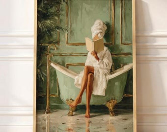 Luxury Bathroom Wall Art | Relaxing Bathtub Reading Print | Spa Day Woman Painting | Elegant Self Care Decor | Sage Green Bathroom Print
