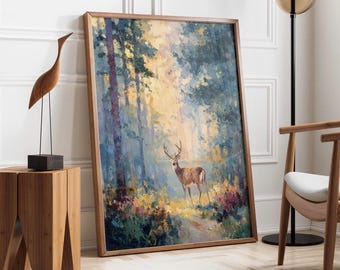 Mystical Forest Deer Painting | Woodland Cabin Wall Decor | Impressionist Stag Art Print | Rustic Nature Gift | Cozy Cottage Forest Decor