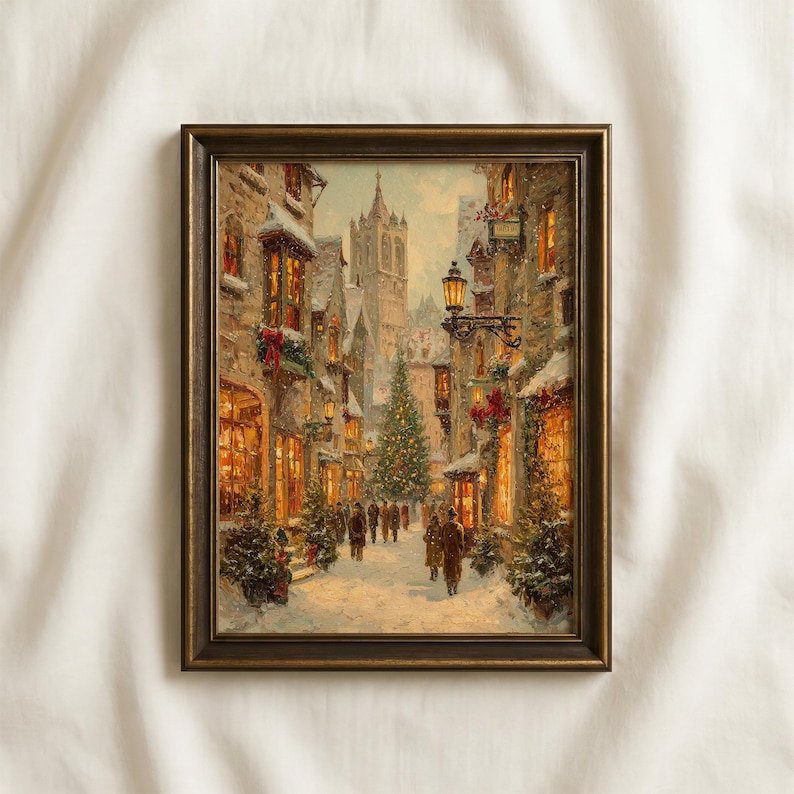 Vintage Christmas Street Painting | Snowy Holiday Village Art ...