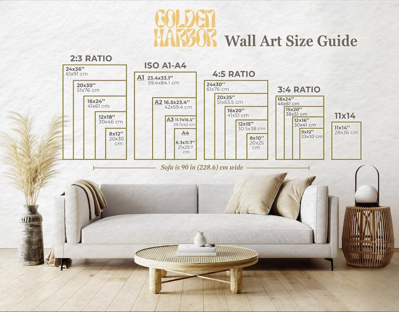 May include: Wall art size guide with dimensions in inches and centimeters. The guide includes 2:3, ISO A1-A4, 4:5, 3:4, and 11x14 ratios. A sofa, coffee table, and decorative items are in the foreground.