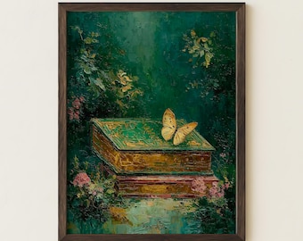 Vintage Butterfly Book Art | Moody Botanical Wall Decor | Dark Cottagecore Print | Library Book Nature Painting | Forest Floral Wall Artwork