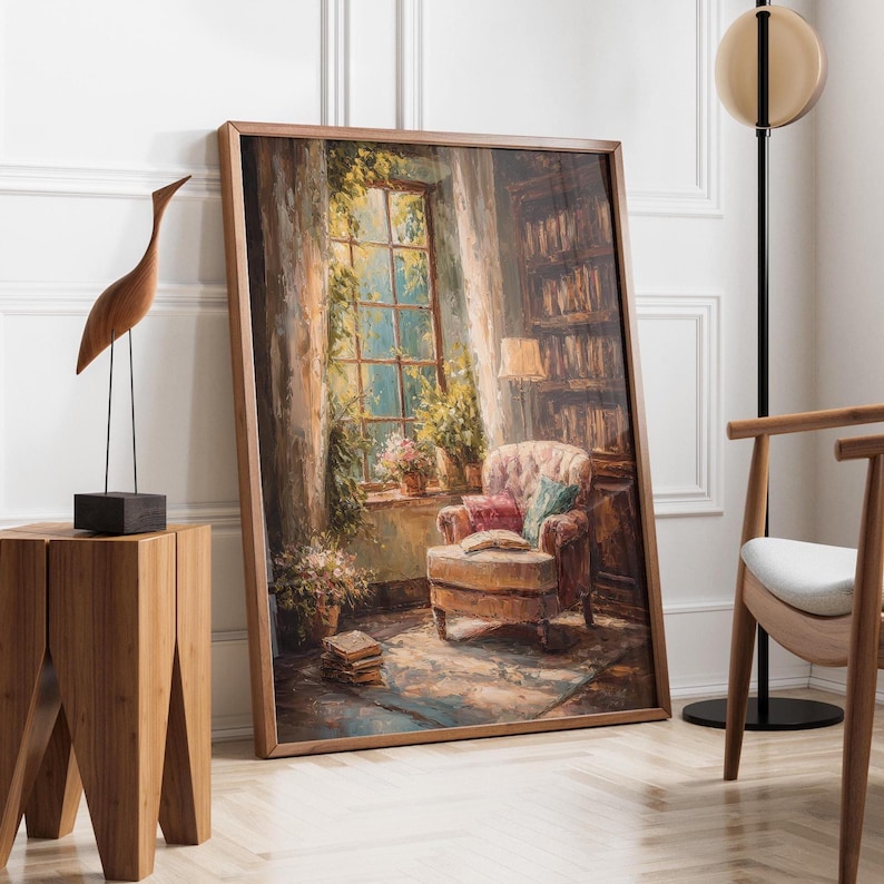 Cozy Reading Nook Art | Vintage Library Room Decor | Warm Cottage Reading Corner | Romantic Book Painting | Elegant Home Library Artwork image 1