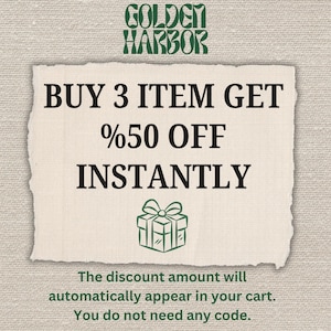 May include: A promotional graphic with the text "GOLDEN HARBOR" at the top. The main text reads "BUY 3 ITEM GET %50 OFF INSTANTLY" on a torn paper background. A gift box illustration is below the text. The bottom text states the discount appears automatically.