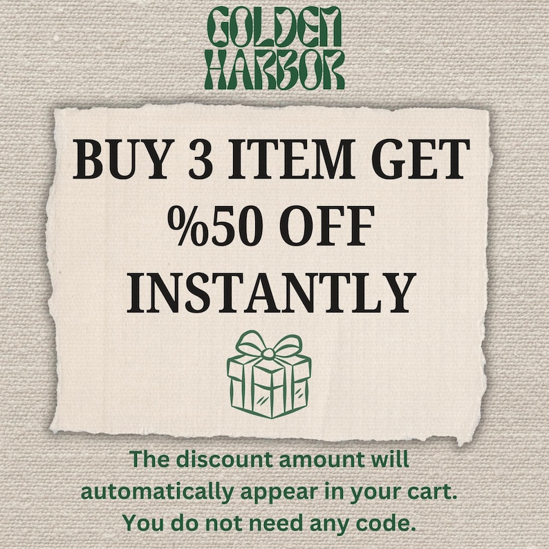 May include: A promotional graphic with the text "GOLDEN HARBOR" at the top. The main text reads "BUY 3 ITEM GET %50 OFF INSTANTLY" on a torn paper background. A gift box illustration is below the text. The bottom text states the discount appears automatically.