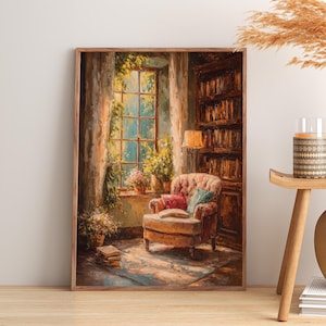 May include: A framed art print depicts a cozy reading nook. An upholstered armchair with a book sits near a window with plants. A bookshelf and a lamp are also visible, creating a warm, inviting atmosphere. The artwork is in a warm color palette.
