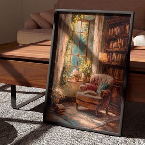 May include: A framed art print depicting a cozy reading nook. The artwork features a window with sunlight, an armchair, a bookshelf, and an open book. The color palette includes warm browns, greens, and blues, creating a relaxing atmosphere.