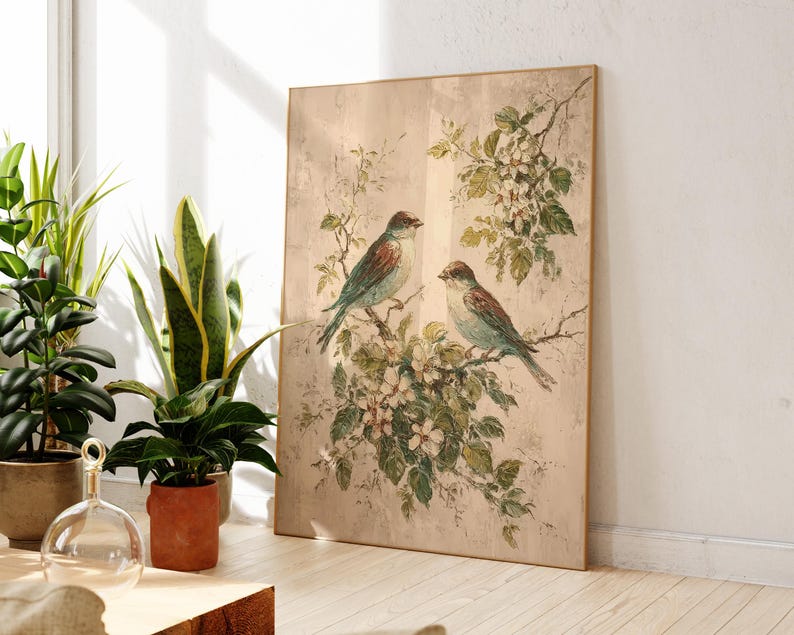 Vintage Bird Wall Art | Botanical Bird Print | Cottagecore Nature Decor | Spring Blossom Artk | Rustic Farmhouse Decor | Floral Bird Print image 5