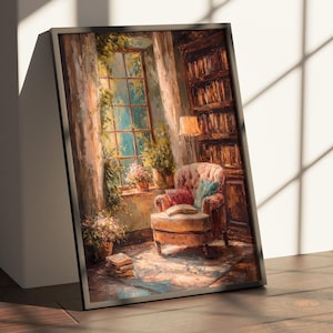 May include: A framed painting depicts a cozy reading nook. The artwork showcases a plush armchair, a window with sunlight, and a bookshelf. The color palette includes warm tones of brown, beige, and hints of blue and green, creating a relaxing atmosphere.