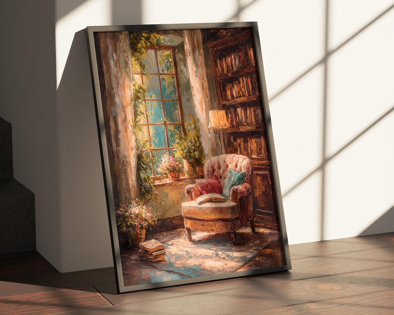 May include: A framed painting depicts a cozy reading nook. The artwork showcases a plush armchair, a window with sunlight, and a bookshelf. The color palette includes warm tones of brown, beige, and hints of blue and green, creating a relaxing atmosphere.