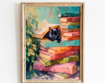 Black Cat Book Art | Cozy Reading Cat Decor | Whimsical Book Lover Painting | Colorful Library Cat Print | Cottagecore Reading Nook Decor