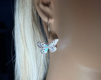 Handmade Iridescent Spot Butterfly Threader Earrings, Minimalist Silver Long Earrings, Unique Birthday Gift for Best Friend