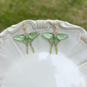 Puede incluir: Un par de pendientes colgantes con forma de polilla en color verde claro, con bordes de metal dorado y ganchos finos. Cada ala de polilla muestra un degradado verde translúcido con vetas oscuras y un pequeño cristal transparente.