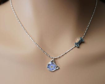 Custom Dog Bone Name Cat Ear Necklace, Real Forget Me Not Resin Pendant, Rainbow Bridge Pet Memorial Keepsake for Cat Mom