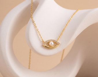 Evil Eye Pearl Necklace, Pave CZ Eye Pendant, Protection Jewelry, Dainty Gold Necklace, Minimalist Gift for Her