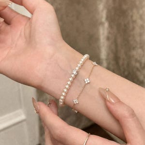 2PCS Pearl Bracelet Set, Both Bracelets Included, Dainty Layered Bracelets, CZ Flower Chain Bracelet, Matching Stackable Jewelry