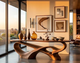 Consoletafel van biologisch notenhout, sculpturale halmeubels, luxe handgemaakt houten decor