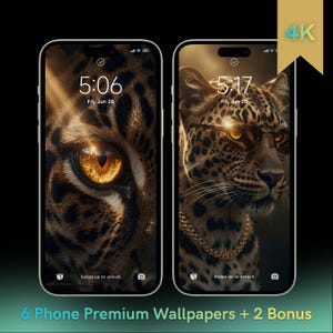 Pode incluir: Dois smartphones com papéis de parede digitais de leopardo. A tela esquerda mostra um close de um olho de leopardo laranja brilhante. A tela direita mostra um leopardo usando óculos escuros e uma corrente de ouro. Texto: 4K, 5:06, 5:17 e 6 Phone Premium Wallpapers + 2 Bonus.