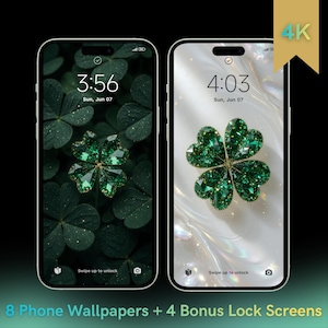 May include: Two smartphones displaying digital wallpapers featuring a four-leaf clover made of green gemstones. The left screen shows a dark green clover background, while the right screen shows a white pearlescent background. Text reads 4K.