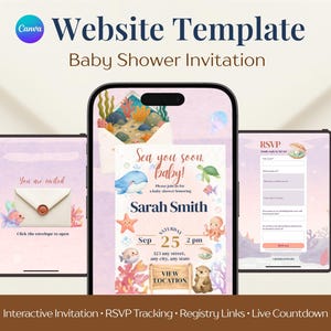 Modelo de site para chá de bebê "Te vejo em breve" - Tema fundo do mar - Conjunto de convites para chá de bebê com baleias e oceano - Confirmação de presença - Canva editável - Download instantâneo