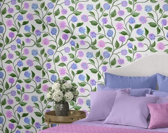 Watercolor Hydrangea Wallpaper | Purple & Blue Floral Wall Decor | Cottagecore Style