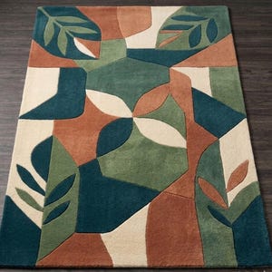 Botanical Geometric Area Rug, Abstract Leaf Pattern, Earth Tone Carpet, Mid Century Living Room