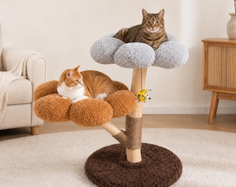 Árbol para gatos con forma de flor, torre para gatos de madera natural con dos camas de felpa y rascador de sisal.
