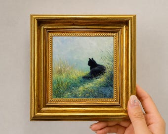 Svart katt mini oljemålning, inramad handmålad original väggkonst, gräsäng Cottagecore hylldekor, husdjursälskare inflyttningspresent