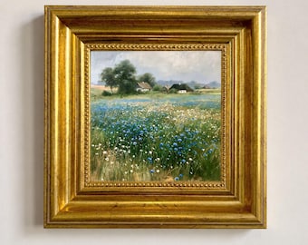 Blue Wildflower Meadow Oil Painting, Mini Cottagecore Landscape Artwork, Framed Countryside Canvas Wall Art, Nature Lover Housewarming Gift