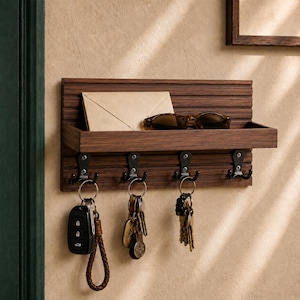 May include: A wall-mounted dark wood organizer featuring a horizontal shelf with a slatted back panel. The unit includes four black metal double hooks, each holding a set of keys. A tan envelope and dark-rimmed sunglasses rest on the shelf.