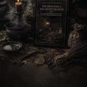May include: A tablet displaying the book cover titled The Iron Nail & The Swept Hearth, accompanied by a smoking candle, a bowl of iron nails, a metal skeleton key, a circular tree pendant, a small burlap pouch, and a bundle of dried lavender.
