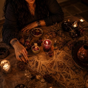May include: A collection of tarot cards spread across a dark fabric surface, accompanied by several small glass candle holders with lit candles, small ceramic bowls containing dried herbs, and various glass bottles in a dimly lit setting.