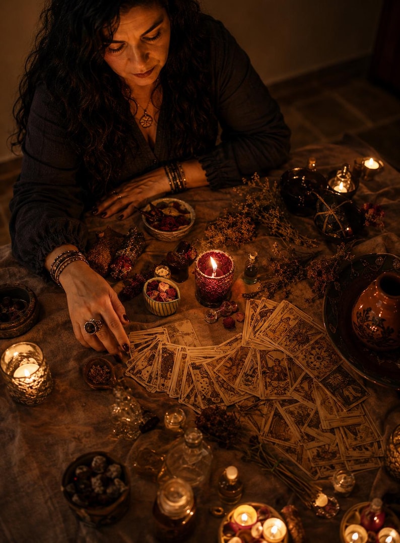 May include: A collection of tarot cards spread across a dark fabric surface, accompanied by several small glass candle holders with lit candles, small ceramic bowls containing dried herbs, and various glass bottles in a dimly lit setting.