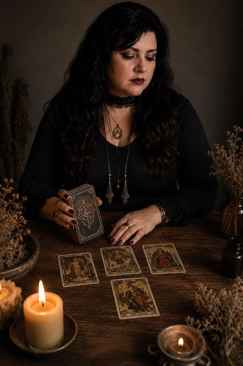 May include: A deck of tarot cards with dark, ornate covers held in one hand, with four tarot cards laid out on a wooden surface. The cards feature detailed illustrations and text. Two lit candles in metal holders are placed in the foreground.