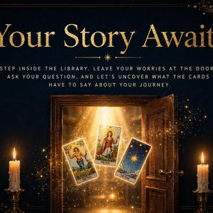 May include: A dark background graphic featuring the text Your Story Awaits, Step inside the library. Leave your worries at the door. Ask your question, and let's uncover what the cards have to say about your journey. Three tarot cards float before an open wooden door, flanked by two lit candles on gold stands.