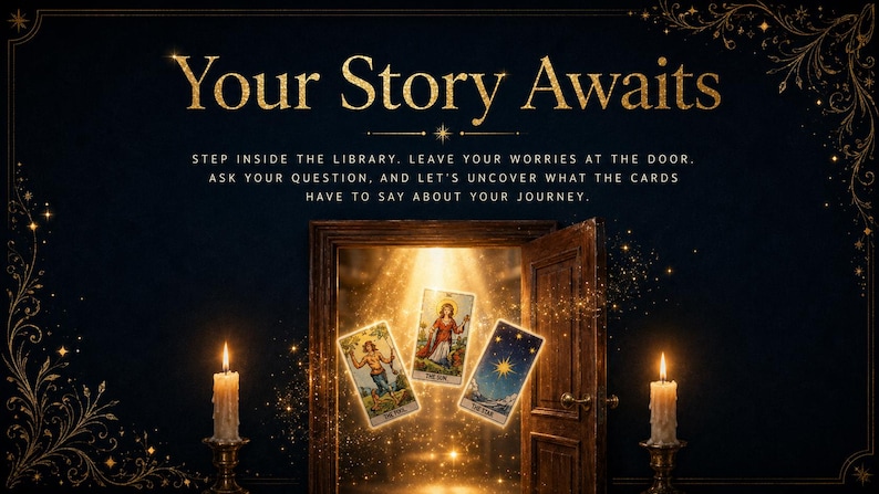 May include: A dark background graphic featuring the text Your Story Awaits, Step inside the library. Leave your worries at the door. Ask your question, and let's uncover what the cards have to say about your journey. Three tarot cards float before an open wooden door, flanked by two lit candles on gold stands.