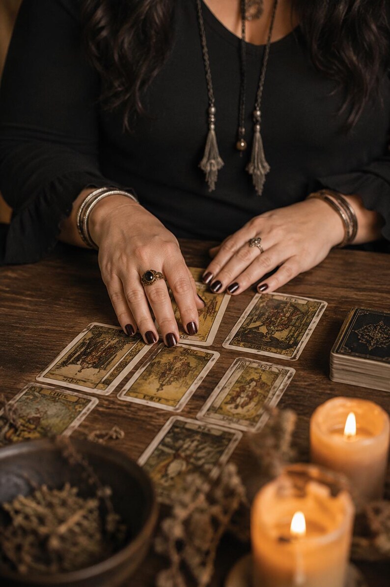 May include: A set of rectangular tarot cards with vintage-style illustrations laid out on a wooden surface. The cards feature muted tones and intricate artwork. Two lit candles in glass holders and a dark bowl are positioned near the cards.