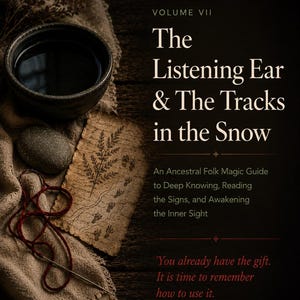May include: A book cover titled Volume VII The Listening Ear & The Tracks in the Snow, An Ancestral Folk Magic Guide to Deep Knowing, Reading the Signs, and Awakening the Inner Sight. It features a dark bowl, a stone, and red thread.