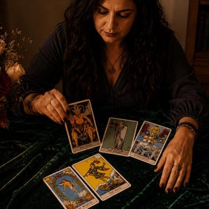 May include: A set of tarot cards featuring The Devil, The Hermit, Judgement, The World, and The Fool, displayed on a dark green velvet cloth. The cards show detailed illustrations with vibrant colors, including yellow, blue, and red accents.