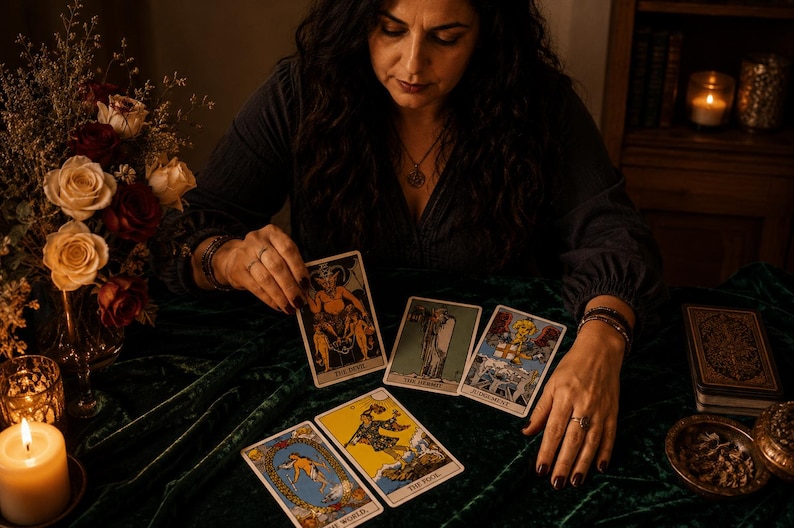 May include: A set of tarot cards featuring The Devil, The Hermit, Judgement, The World, and The Fool, displayed on a dark green velvet cloth. The cards show detailed illustrations with vibrant colors, including yellow, blue, and red accents.
