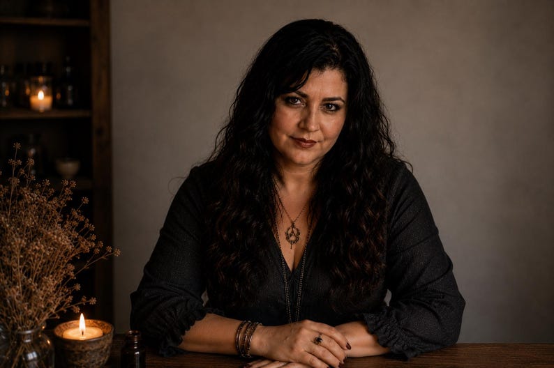 May include: A person with long dark wavy hair wearing a dark charcoal long-sleeved top with ruffled cuffs, a gold pendant necklace, and stacked bracelets. The person has dark lipstick and is positioned behind a wooden surface with a lit candle.