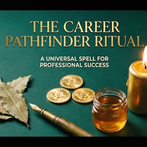 Può includere: Immagine con il testo "THE CAREER PATHFINDER RITUAL" e "A UNIVERSAL SPELL FOR PROFESSIONAL SUCCESS". Raffigura una candela accesa, monete, un barattolo di liquido, una penna e foglie.