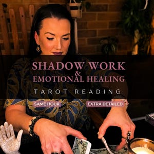 May include: A person wearing a dark blue and gold patterned shirt with a beaded bracelet and rings, performing a tarot reading. Text overlay reads: SHADOW WORK & EMOTIONAL HEALING, TAROT READING, SAME HOUR, and EXTRA DETAILED.