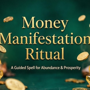 Könnte beinhalten: Ein Bild mit dem Text "Money Manifestation Ritual" in goldener Schrift, mit Goldmünzen, Kristallen und Kerzen. Der Text "A Guided Spell for Abundance & Prosperity" steht darunter. Der Hintergrund ist dunkelgrün.